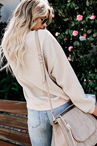 GOLDPKF Fuzzy - Sudadera de forro polar para mujer, cuello redondo, cálido beige XXL