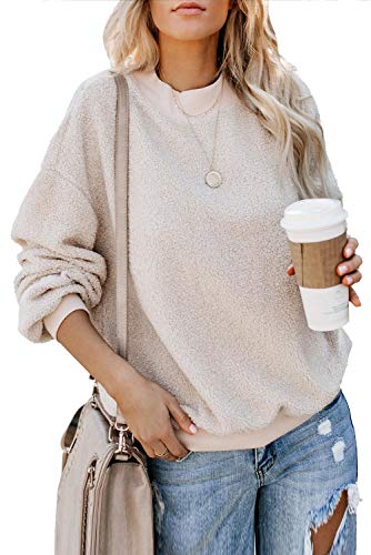 GOLDPKF Fuzzy - Sudadera de forro polar para mujer, cuello redondo, cálido beige XXL