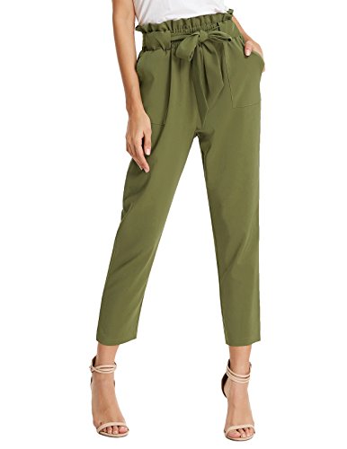 GRACE KARIN Elegantes Pantalones de Cintura Alta para Mujer con Lazo Slim Fit Spring Summer Olive Green XL Claf1011-3
