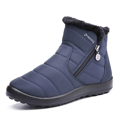 gracosy Botas de Mujer Otono Invierno Goma Encaje Forro de Piel Punta Redonda Botas de Nieve Zapatos de Trabajo Formal Calzado Antideslizante Ligero Botines Que Caminan, Azul, 39