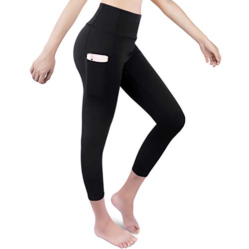 GRAT.UNIC Mallas Deportivas de Mujer, Mujer Pantalones elásticos de Yoga con Bolsillos Laterales, Polainas de Yoga Fitness (Negro 3/4, XL-1)