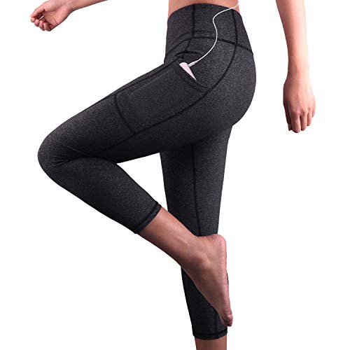 GRAT.UNIC Mallas Deportivas de Mujer,Mujer Pantalones elásticos de Yoga con Bolsillos Laterales,3/4 Polainas de Yoga Fitness (Gris 3/4, M)