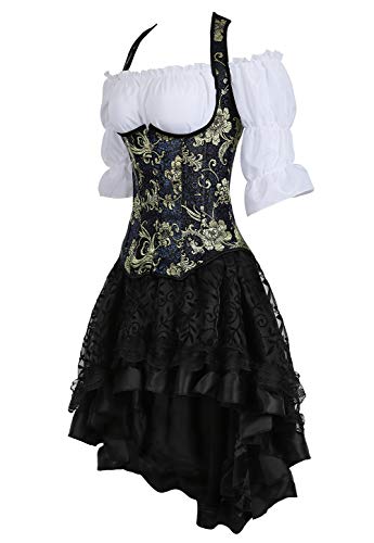 Grebrafan Conjunto de Corsé Pirata Corset con Tirantes y Falda Tutú De Tul y Blanco Blusa Fiesta (EUR(34-36) M, Negro)