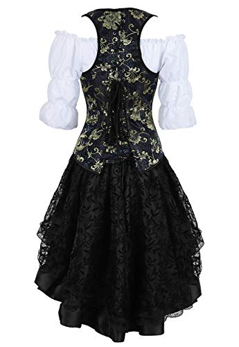Grebrafan Conjunto de Corsé Pirata Corset con Tirantes y Falda Tutú De Tul y Blanco Blusa Fiesta (EUR(34-36) M, Negro)