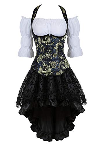 Grebrafan Conjunto de Corsé Pirata Corset con Tirantes y Falda Tutú De Tul y Blanco Blusa Fiesta (EUR(34-36) M, Negro)