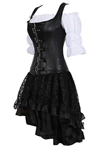 Grebrafan Conjunto de Corsé Pirata Gótico Cuero Corset y Falda Tutú De Tul y Blanco Blusa Fiesta (EUR(40-42) 2XL, Negro)