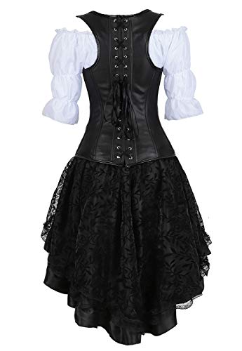 Grebrafan Conjunto de Corsé Pirata Gótico Cuero Corset y Falda Tutú De Tul y Blanco Blusa Fiesta (EUR(40-42) 2XL, Negro)