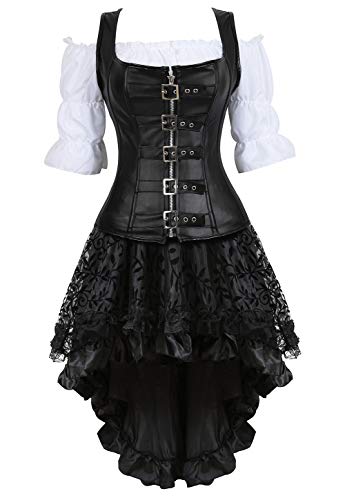Grebrafan Conjunto de Corsé Pirata Gótico Cuero Corset y Falda Tutú De Tul y Blanco Blusa Fiesta (EUR(40-42) 2XL, Negro)