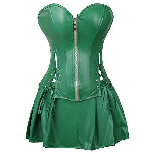 Grebrafan De Lujo Clásico Corset Imitación Cuero Corsé Mini Falda Conjunto (EUR(42-44) 3XL, Verde)