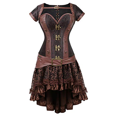 Grebrafan Mujer Corset Pirata Cuero Corsé de Piel con Falda Conjunto Steampunk (EUR(44-46) 4XL, Marrón)