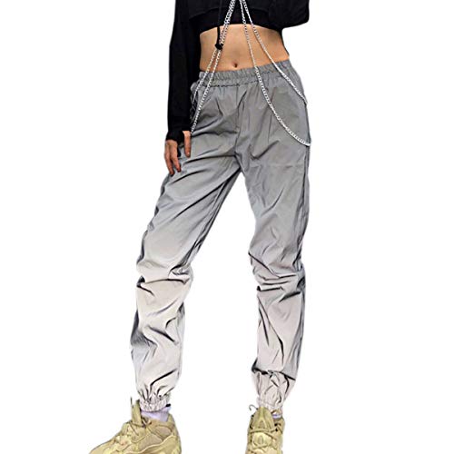 Greetuny 1pcs Personalidad Harajuku Pantalones Mujer Flash Reflectante Trousers Ocio Hip Hop Ropa Plateada Mujer Joggers Mujer Deportivos Pantalón Chandal Mujer (S)