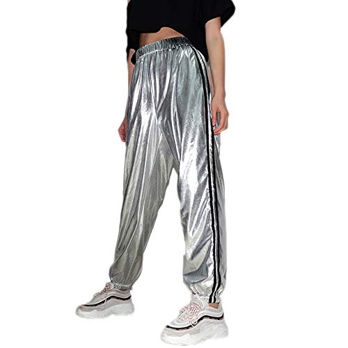 Greetuny Pantalones Raya Mujer Clásico Chandal Casual Jogging Moda Cuero Brillante Pantalones Chandal Mujer Tiro Alto Personalidad Adolescente Pantalones Anchos Hip Hop Mujer (S, Plateado)