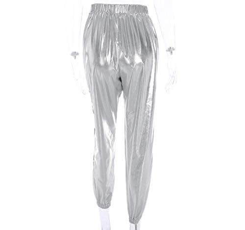Greetuny Pantalones Raya Mujer Clásico Chandal Casual Jogging Moda Cuero Brillante Plateado Pantalones Chandal Mujer Tiro Alto Personalidad Adolescente Pantalones Anchos Hip Hop Mujer