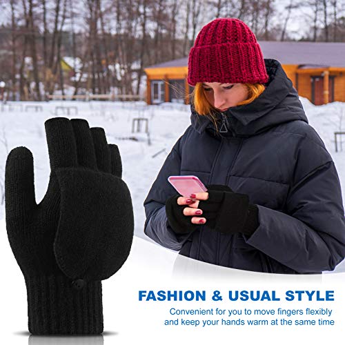 Guantes Convertibles de Mujer Mitones sin Dedos de Punto Guantes de Medio Dedo con Tapa de Girar para Mujer Hombre Clima Frío, Negro