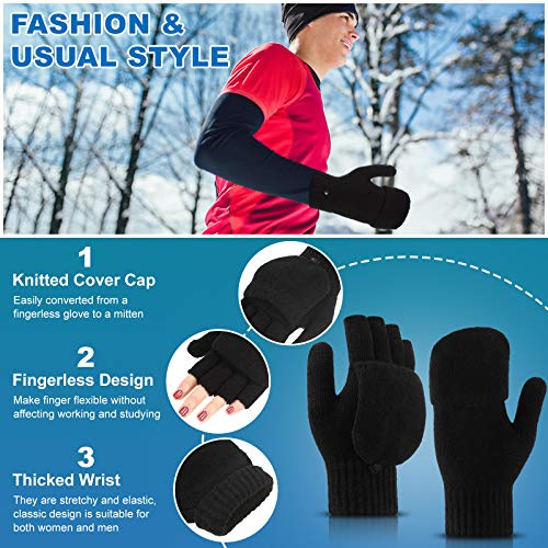 Guantes Convertibles de Mujer Mitones sin Dedos de Punto Guantes de Medio Dedo con Tapa de Girar para Mujer Hombre Clima Frío, Negro