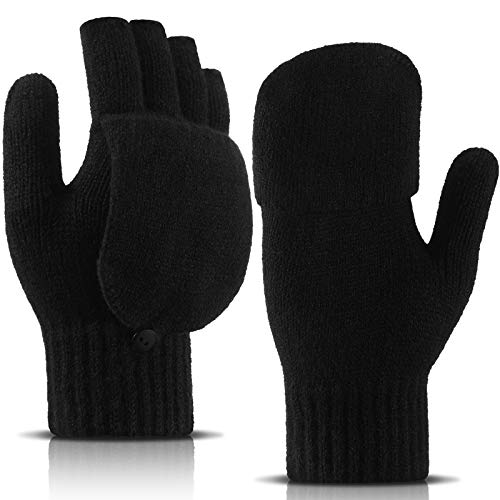 Guantes Convertibles de Mujer Mitones sin Dedos de Punto Guantes de Medio Dedo con Tapa de Girar para Mujer Hombre Clima Frío, Negro
