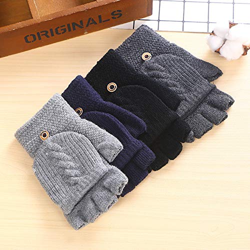 Guantes de Invierno Flip sin Dedos， Guantes sin Dedos Convertibles, Guantes Unisex Mitones de Lana de Punto Caliente Manoplas con Mitten Cover ，（Gris）