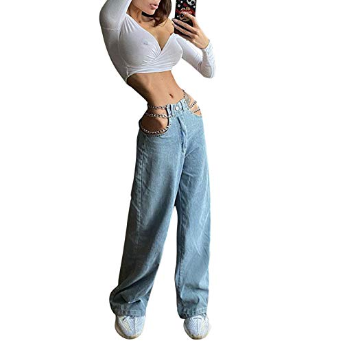 GuliriFei Las mujeres ahuecan los pantalones vaqueros y2k cadena de encaje sexy corte de mezclilla pantalones de cintura alta holgados casual recta pantalones Streetwear