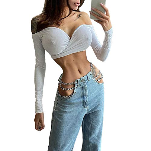 GuliriFei Las mujeres ahuecan los pantalones vaqueros y2k cadena de encaje sexy corte de mezclilla pantalones de cintura alta holgados casual recta pantalones Streetwear