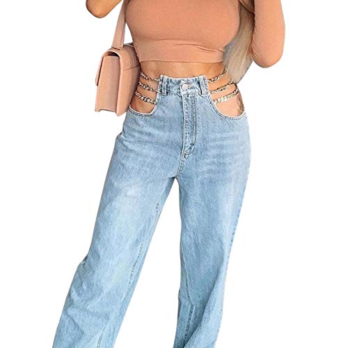 GuliriFei Las mujeres ahuecan los pantalones vaqueros y2k cadena de encaje sexy corte de mezclilla pantalones de cintura alta holgados casual recta pantalones Streetwear