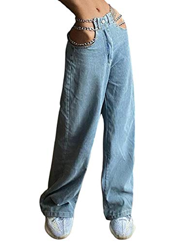 GuliriFei Las mujeres ahuecan los pantalones vaqueros y2k cadena de encaje sexy corte de mezclilla pantalones de cintura alta holgados casual recta pantalones Streetwear