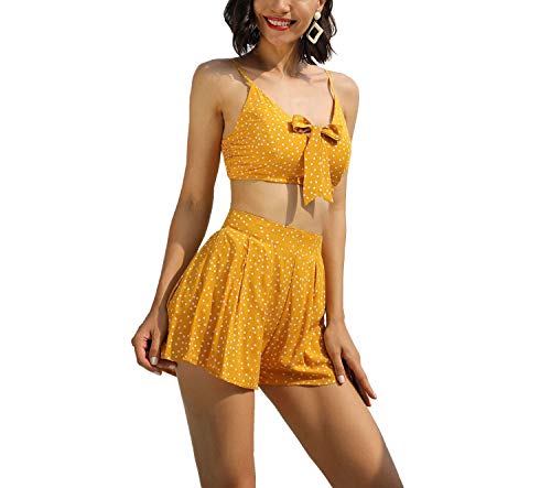 HaiDean Conjunto Moda Mujer Elegante Mujer Ropa De Vacaciones Modernas Casual Lunares Sling Top De Tubo Falda De Pantalones Pantalones Cortos Conjunto (Color : Amarillo, One Size : L)