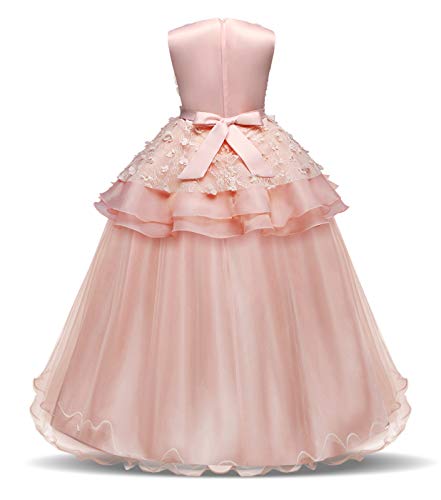 Happy Cherry - Falda Larga de Princesa de Niñas con Tul Multicapa para Ceremonias Fiesta Vestidos con Lazo sin Mangas para Comunión Bautizos Poliéster Rosa- Talla 160cm/ES 11-12 Años