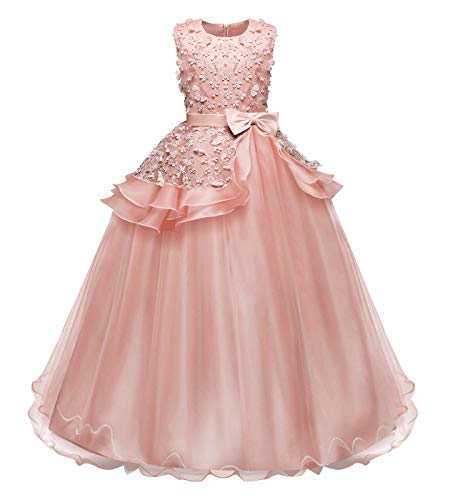 Happy Cherry - Falda Larga de Princesa de Niñas con Tul Multicapa para Ceremonias Fiesta Vestidos con Lazo sin Mangas para Comunión Bautizos Poliéster Rosa- Talla 160cm/ES 11-12 Años