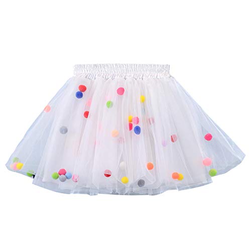 Happy Cherry - Falda Plisada Corta para Niñas Tutú Tutu Skirt Blanco con Pom Pom Coloridos para Bautizo Ballet - Talla XXL