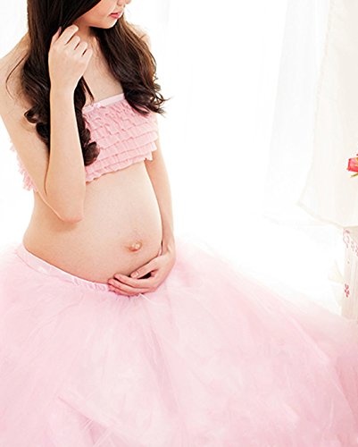 Happy Cherry - Traje de 2 Piezas Ropa Fotos Embarazada Disfraz Pre-mamá Maternity Dress Ruffle Falda Fotografía + Top - Rosa