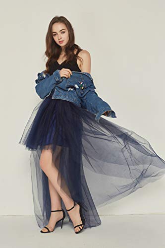 Happy Cherry Tutu - Falda de tul asimétrica para mujer, parte delantera corta y trasera larga, varias capas, falda para bodas, espectáculos, baile, noche azul marino Talla única