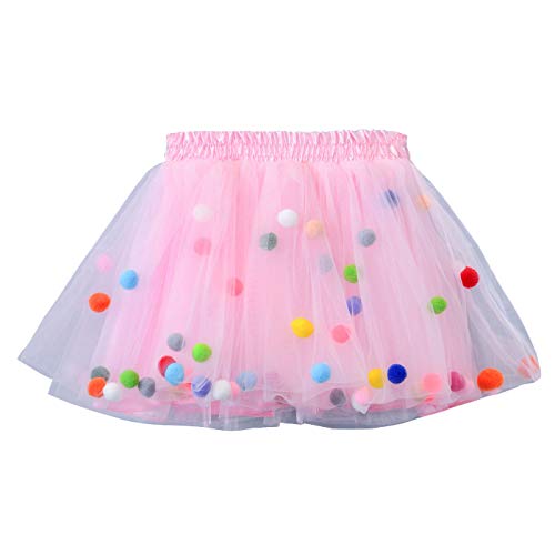 Happy Cherry - Tutú Mini Falda para Niñas 3-4 años Short Skirt Rosa con Pompones 4 Capas Tul Bonitos Lindos - Talla M