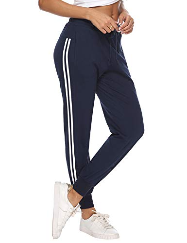 Hawiton Pantalon Chandal Mujer Largos Pantalones de Deporte Yoga Fitness Jogger Pantalones de Punto de Rayas（Azul,M）