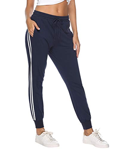 Hawiton Pantalon Chandal Mujer Largos Pantalones de Deporte Yoga Fitness Jogger Pantalones de Punto de Rayas（Azul,M）