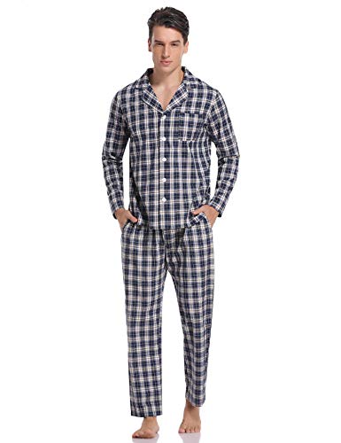 Hawiton Pijamas Hombre Invierno Algodón Pijama Manga Larga Hombres de Cuadros Pantalones Largo