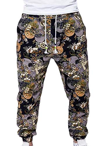 H&E - Pantalones de chándal para hombre con estampado de África con cordón y bolsillo Negro Negro ( XL