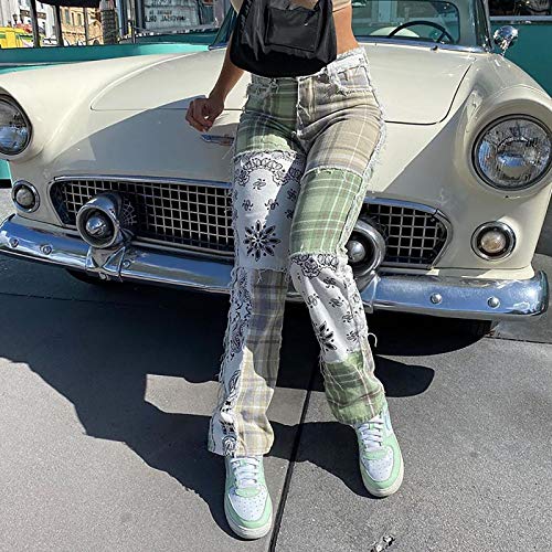 HHKX100822 Pantalones De Pierna Recta con Estampado De Cuadros, Pantalones De Pierna Recta con Estampado Cuadros Calle para Mujer Pantalones De Mezclilla Personalizados L