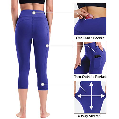 HLTPRO Pantalones de Yoga de Cintura Alta Capris para Mujer con Bolsillos para teléfono, Ideal para Correr, Atletismo y Fitness, Moda, XS, Azul Royal