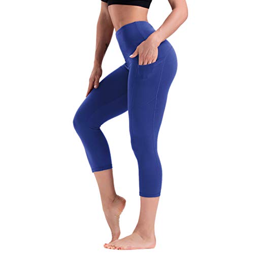 HLTPRO Pantalones de Yoga de Cintura Alta Capris para Mujer con Bolsillos para teléfono, Ideal para Correr, Atletismo y Fitness, Moda, XS, Azul Royal
