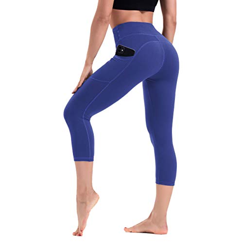 HLTPRO Pantalones de Yoga de Cintura Alta Capris para Mujer con Bolsillos para teléfono, Ideal para Correr, Atletismo y Fitness, Moda, XS, Azul Royal