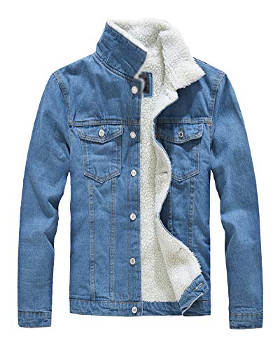 Hombre Denim Chaqueta De Vaquero Manga Larga Abrigo De Invierno Cálido Jean Jacket Azul Claro S