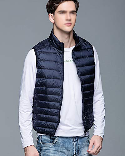 Hombre Plegable Portátil Abrigo Chaleco de Pluma， Ultraligero Chaqueta de Plumón Sin Mangas Marina de Guerra L