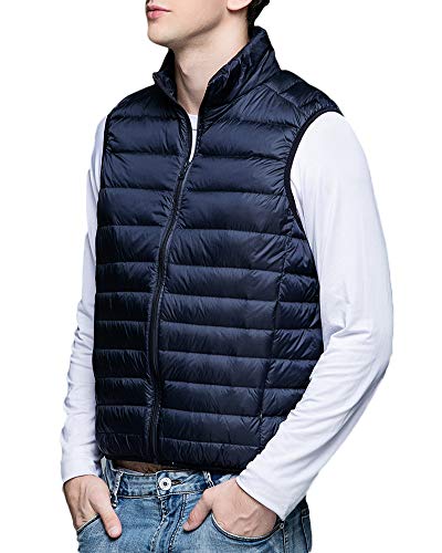 Hombre Plegable Portátil Abrigo Chaleco de Pluma， Ultraligero Chaqueta de Plumón Sin Mangas Marina de Guerra L