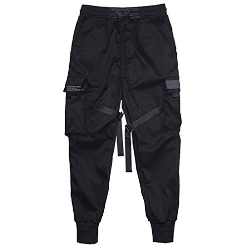 Hombres Pantalones de Carga,Pantalón Cargo Casuales,Pantalones de Hip Hop,Pantalones de Combate Holgados, Pantalone de Trabajo,Pants Sueltos Ocasionales (Negro Plus, L)