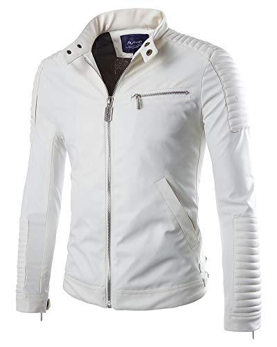 Hombres Vintage Cuero Chaqueta De Estilo De Moto Blanco XL