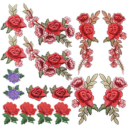 Homgaty 16 parches bordados de rosa, para coser en la insignia de la flor, para hacer manualidades, vaqueros, chaquetas, bolsos, sombreros, ropa, zapatos, rojo