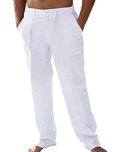 Hooleeger – Pantalones largos de lino para hombre, para el tiempo libre, de verano, de algodón 2 blancos. S