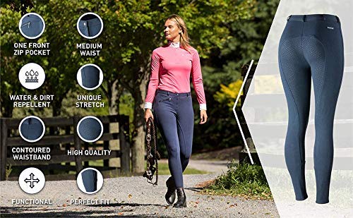 HORZE Pantalones de Montar Active para Mujer con Asiento Completo de Silicona, Bolsillos con Cremallera y bajo elástico, Todas Las Tallas, Azul, 36