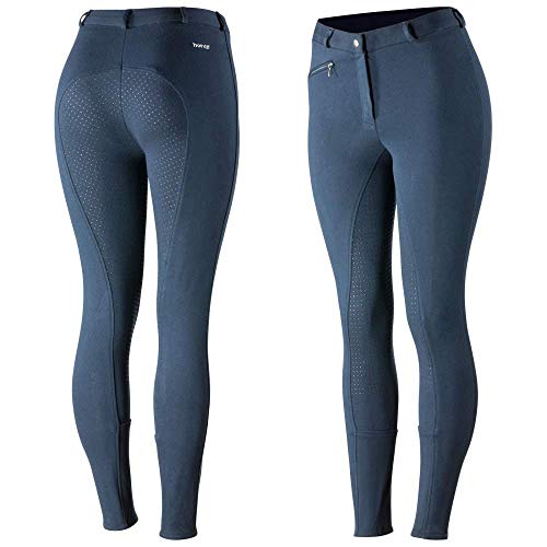 HORZE Pantalones de Montar Active para Mujer con Asiento Completo de Silicona, Bolsillos con Cremallera y bajo elástico, Todas Las Tallas, Azul, 36