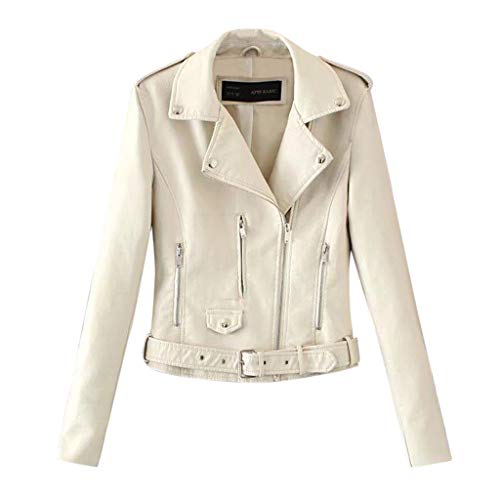 HoSayLike Mujeres Damas Solapa Chaqueta De Motor Abrigo Cremallera Biker Short Punk Tops Cortos Cuero Tachonado Amarillo,Blanco,Vino Rojo,Rosa,Negro,Azul (M, Blanco)